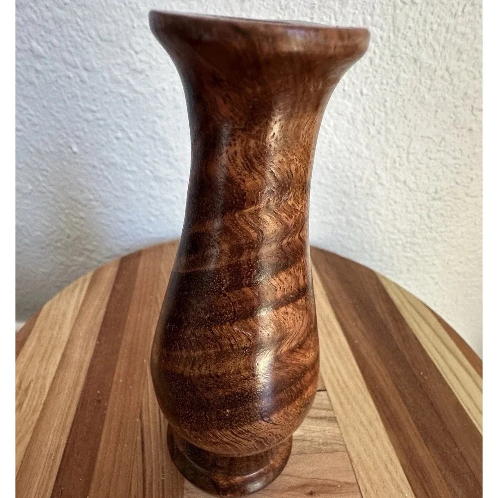 VTG Artisan Crafted Handmade Banded Wood Grain Vase 5.875 Inch Signed MCM Smooth
